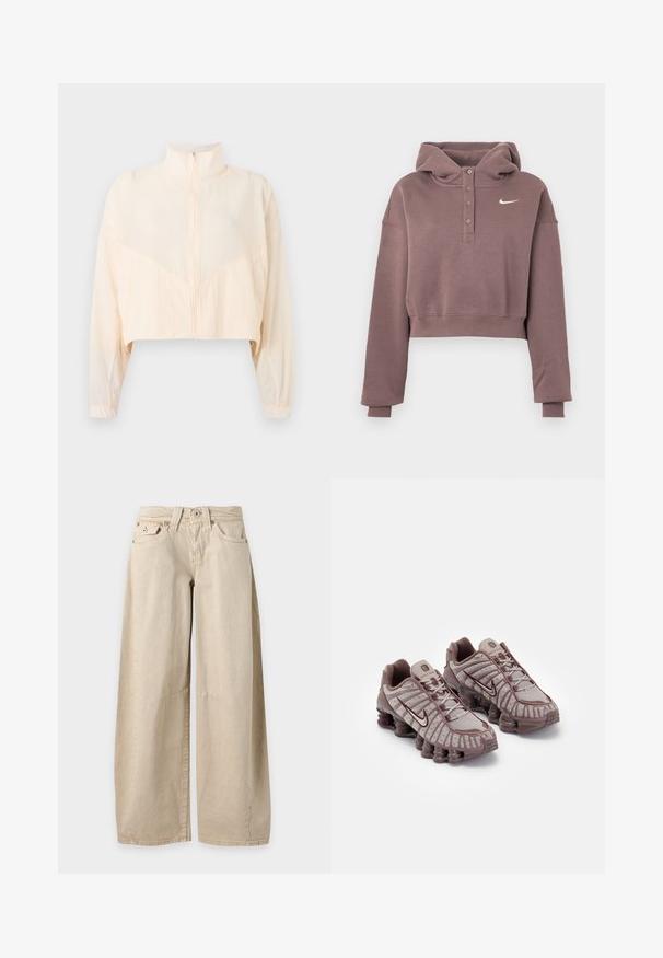 Hellbeige Reißverschlussjacke mit hohem Kragen, langen Ärmeln und elastischen Bündchen, präsentiert vor einem schlichten hellen Hintergrund.; Fliederfarbenes, verkürztes Hoodie mit langen Ärmeln, geknöpftem Verschluss, gerippten Bündchen und Saum sowie weißem Nike Swoosh-Logo auf der Brust.; Beige Jeans mit weitem Bein, fünf Taschen und sichtbaren Nähten an den Knien, flach auf einem schlichten hellgrauen Hintergrund präsentiert.; Nike Sportswear SHOX TL - Sneaker low - pumice/night maroon/plum eclipse