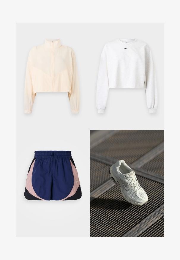 Lichtbeige jas met rits, hoge kraag, lange mouwen en elastische manchetten, getoond tegen een effen lichte achtergrond.; Korte sweatshirt in lichtgrijs, gemaakt van zachte stof. Heeft een ronde hals, lange mouwen met elastische manchetten, en een zwart Nike-logo boven de borst.; Nike sportshorts met een elastische tailleband, voorzien van marineblauwe, roze en zwarte panelen. Gemaakt van lichtgewicht, textuurstof.; Witte Nike hardloopschoen met bovenwerk van mesh en synthetisch materiaal, rustend op een metalen roostervloer in zacht natuurlijk licht.
