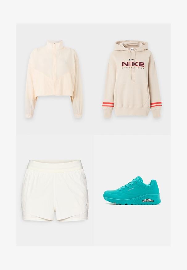 Veste zippée beige clair avec col montant, manches longues et poignets élastiques, présentée sur un fond clair uni.; Sweat à capuche beige Nike avec poche avant, bandes rouges sur les manches, et logo "Nike Athletic Club" en noir et rouge sur la poitrine.; Shorts de sport crème avec un design superposé, taille élastique et shorts intégrés ajustés. Présente un petit logo bleu sur le côté.; Baskets de sport turquoise au design élégant, avec des accents en maille respirante, une semelle texturée et une unité d'air visible au talon.