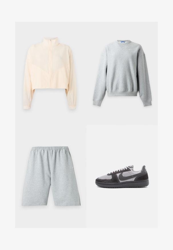 Lichtbeige jas met rits, hoge kraag, lange mouwen en elastische manchetten, getoond tegen een effen lichte achtergrond.; Lichtgrijze Nike crewneck trui met lange mouwen en geribbelde manchetten en zoom, plat afgebeeld op een lichte achtergrond.; Lichtgrijze atletische shorts tot over de knie met elastische tailleband en klein wit logo op het linkerbeen.; Lage sneaker met grijs mesh materiaal, zwarte textuur overlays, zwarte zool, witte veters en een zwarte Nike swoosh aan de zijkant.