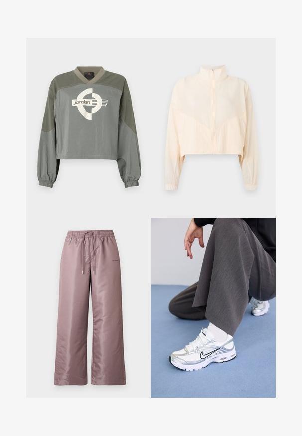 Veste zippée beige clair avec col montant, manches longues et poignets élastiques, présentée sur un fond clair uni.; Pull-over court à manches longues avec des poignets élastiques, blocs de couleur vert-gris atténuée, et logo Jordan blanc centré sur la poitrine.; Pantalon ample rose clair en nylon lisse. Doté d'une taille élastique avec cordon de serrage et portant un logo sur le côté.; Baskets de sport blanches et argentées avec des matériaux en maille et synthétiques, dotées de lignes d'accent noir, de lacets et de semelles texturées.