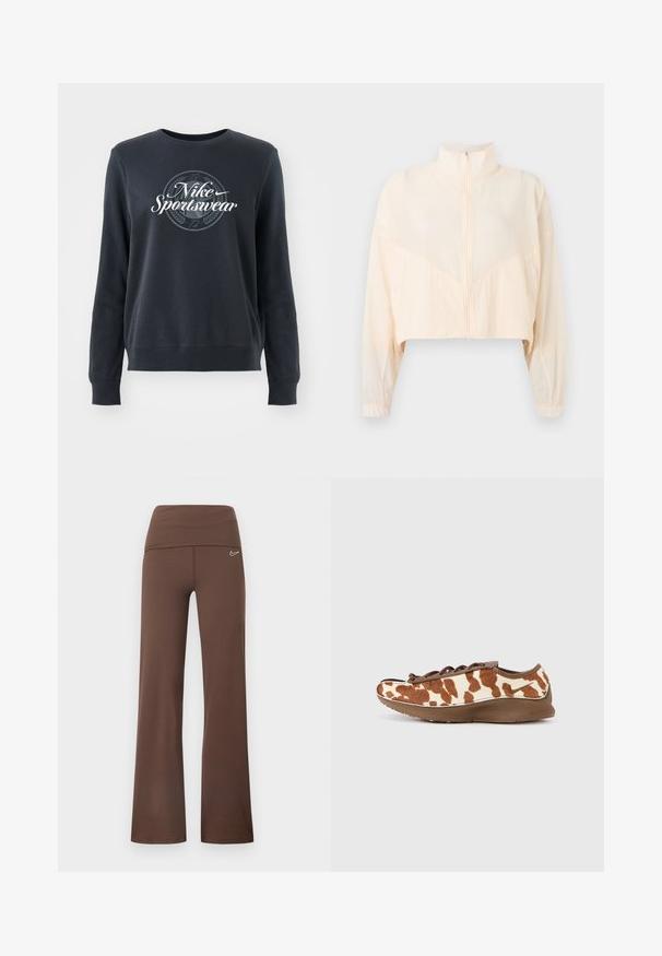 Lichtbeige jas met rits, hoge kraag, lange mouwen en elastische manchetten, getoond tegen een effen lichte achtergrond.; Donkerblauwe sweatshirt gemaakt van zachte stof, met een ronde hals, lange mouwen en een grafisch "Nike Sportswear" logo op de voorkant.; Bruine uitlopende sportbroek met een brede tailleband, gemaakt van rekbaar materiaal, met een klein wit Nike-logo op de heup.; Bruine en crèmekleurige sneaker met een zacht, getextureerd bovenwerk en een gladde bruine zool. Voorzien van een vetersluiting en subtiele branding.