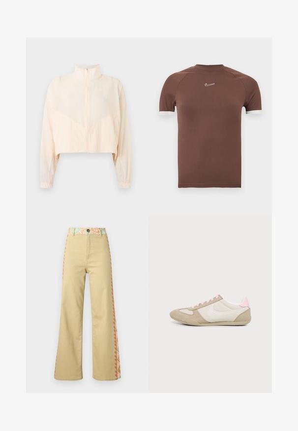 Veste zippée beige clair avec col montant, manches longues et poignets élastiques, présentée sur un fond clair uni.; Chemise brun à manches courtes en tissu lisse avec un col montant et des accents blancs aux poignets des manches, avec un petit logo sur la poitrine.; Pantalon beige taille haute à jambes larges avec fermeture à boutons, ceinture à motif floral et bandes latérales aux couleurs pastel.; Baskets profil bas beige et blanc avec des accents et lacets roses, avec un grand logo swoosh blanc sur le côté.