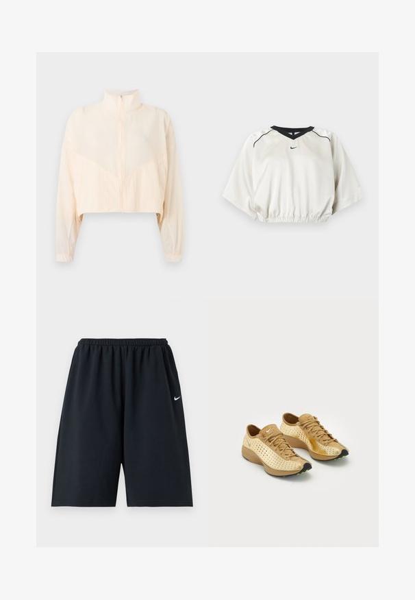 Veste zippée beige clair avec col montant, manches longues et poignets élastiques, présentée sur un fond clair uni.; Top de sport court blanc avec bordure noire en V, taille élastique, manches courtes larges et petit logo Nike noir au centre devant.; Short de sport noir Nike avec taille élastique et petit logo blanc Swoosh sur la cuisse droite, présenté sur un fond uni.; Une paire de sneakers Nike Air beige et tan avec des détails perforés, des lacets et des semelles noires accentuées de petites taches vertes.