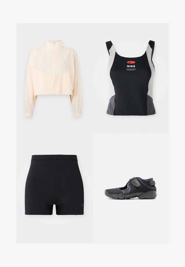 Lichtbeige jas met rits, hoge kraag, lange mouwen en elastische manchetten, getoond tegen een effen lichte achtergrond.; Zwarte en grijze sporttanktop met een ronde hals, smalle banden en een centraal oranje Nike-logo op de voorkant gedrukt.; Zwarte sportshorts gemaakt van glad, elastisch materiaal, met een middelhoge tailleband en een klein Nike-logo aan de linkerkant.; Zwarte sportschoen met bovenwerk van mesh, twee verstelbare klittenbandbandjes en een gevoerd zool voor comfort en flexibiliteit.