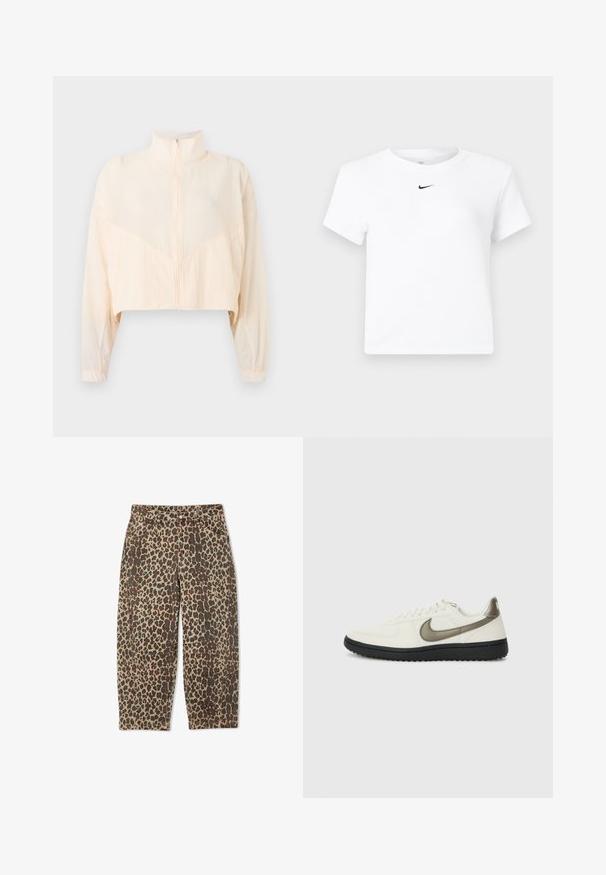 Lysebeige jakke med lynlås, høj krave, lange ærmer og elastiske manchetter, vist på en ensartet lys baggrund.; Hvid Nike cropped T-shirt med korte ærmer og en lille sort Nike swoosh-logo centreret under nakkekanten.; Bukser med høj talje, løs pasform og leopardmønster i brunt og sort, foran med knapper, lynlås og sidelommer.; Nike Sportswear FIELD GENERAL - Sneakers - off-white/black