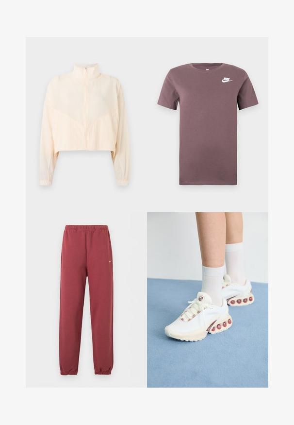 Chaqueta beige claro con cremallera, cuello alto, mangas largas y puños elásticos, mostrada sobre un fondo claro y liso.; Camiseta de cuello redondo de manga corta Nike color púrpura con el logo blanco de Nike en el lado izquierdo del pecho sobre un fondo liso.; Pantalones jogger con cintura y tobillos elásticos en color granate con pequeño logo blanco de Nike en el muslo derecho.; Zapatillas deportivas blancas con un upper texturizado, que presentan un acento rosa en los cordones y grandes burbujas de aire en la suela.