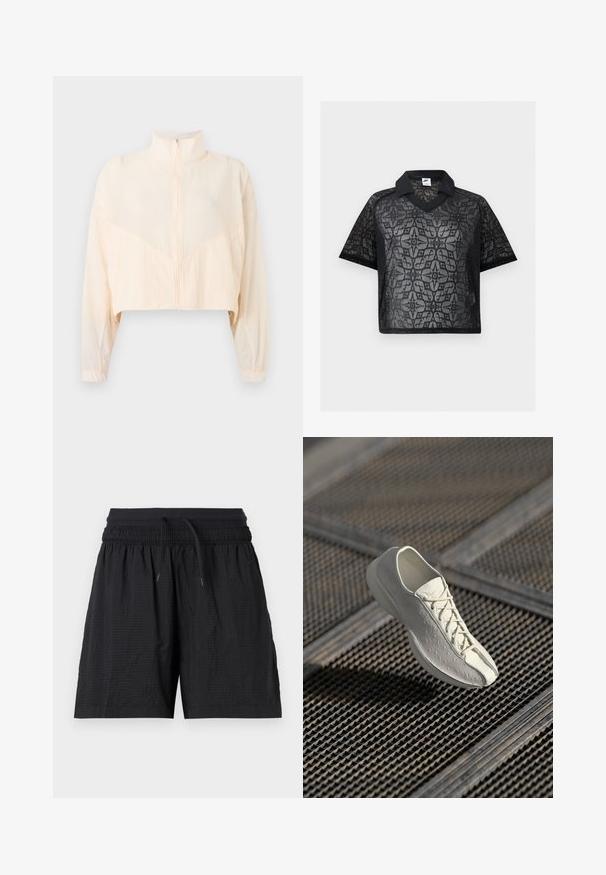 Veste zippée beige clair avec col montant, manches longues et poignets élastiques, présentée sur un fond clair uni.; Chemise noire transparente à manches courtes avec motif en dentelle florale, col noir et logo Nike sur la poitrine et le col.; Short de sport noir texturé avec taille élastique, cordon ajustable et poches latérales, présenté sur un fond blanc.; Baskets blanches avec des détails texturés sur les côtés et des lacets flottant au-dessus d'une surface en métal à motifs, sous une lumière naturelle douce.