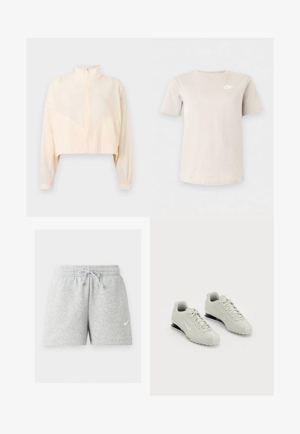 Φωτεινό μπεζ μπουφάν με φερμουάρ, ψηλό γιακά, μακριά μανίκια και ελαστικά μανσέτες, απεικονισμένο σε ένα απλό φωτεινό φόντο.; Μπεζ κοντομάνικο μπλουζάκι Nike με λαιμόκοψη και μικρό λευκό λογότυπο στο αριστερό στήθος, εμφανίζεται σε απλό φωτεινό φόντο.; Ανοιχτό γκρι αθλητικά σορτς με ελαστική μέση και κορδόνι, με μικρό λευκό λογότυπο Nike στο αριστερό πόδι.; Λευκά αθλητικά παπούτσια Nike με υφή στην πάνω πλευρά, που διαθέτουν λείο καπάκι δαχτύλων και μαύρες λεπτομέρειες στη σόλα. Στυλ με κορδόνια και ενισχυμένη φτέρνα.
