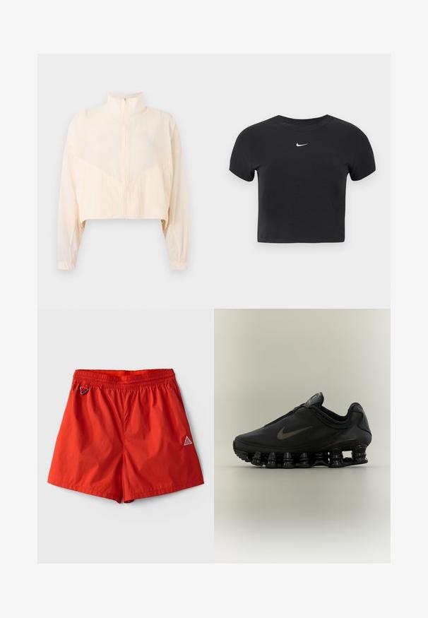 Chaqueta beige claro con cremallera, cuello alto, mangas largas y puños elásticos, mostrada sobre un fondo claro y liso.; Camiseta negra recortada de algodón, con cuello redondo y mangas cortas. Destaca el logo blanco de Nike en el pecho.; Pantalones cortos deportivos de color rojo brillante con cintura elástica, bolsillos laterales, pequeño mosquetón en el lado izquierdo y logotipo ACG en la pierna derecha.; Zapatilla negra Nike con parte superior con cremallera y suela distintiva segmentada en forma de resorte, mostrada de perfil sobre un fondo neutro.