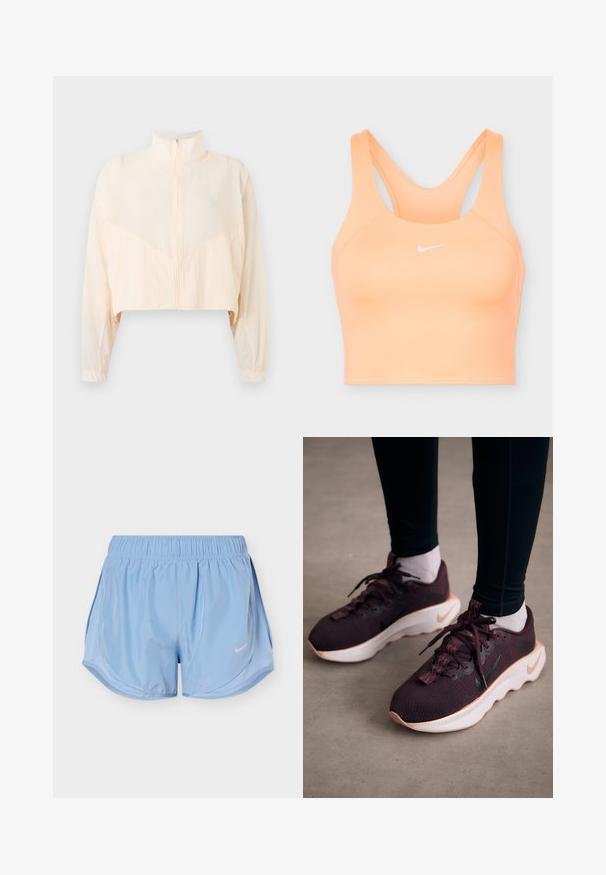 Lichtbeige jas met rits, hoge kraag, lange mouwen en elastische manchetten, getoond tegen een effen lichte achtergrond.; Perzikkleurige Nike sportbeha met racerback-ontwerp en wit Nike swoosh-logo gecentreerd aan de voorkant.; Lichtblauwe sportshorts met elastische tailleband, gebogen zijpanelen en wit Nike swoosh-logo op de voorkant van het rechterbeen.; Bordeauxrode sportschoenen met een gewoven bovenwerk, witte zool en zwart Nike-logo. Voorzien van ronde veters en patroonvormige veterlussen.