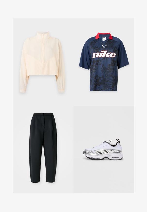 Svetločižová bunda so zipsom, vysokým golierom, dlhými rukávmi a elastickými manžetami, zobrazená na jednoduchom svetlom pozadí.; Tmavomodré Nike tričko s krátkym rukávom, čiernym kvetinovým vzorom, červeným golierom a veľkým bielym logom Nike na hrudi.; Čierne nohavice vyrobené z hladkej látky, s prispôsobeným pásom, plisovaným predným dielom a zúženými nohavicami so sťahovanými spodnými okrajmi.; Biele športové topánky so striebornými akcentmi, vrchný materiál z polyesteru a syntetiky, vzduchové odpruženie, perforácie na zvýšenie priedušnosti a gumová podrážka.