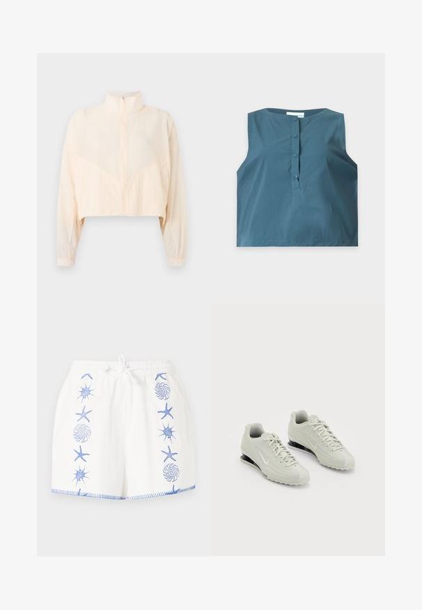 Veste zippée beige clair avec col montant, manches longues et poignets élastiques, présentée sur un fond clair uni.; Débardeur bleu sans manches avec un col rond et quatre boutons sur la patte avant, présenté à plat sur un fond clair et uni.; Shorts blancs avec des motifs marins bleus brodés, comprenant des étoiles de mer et des coquillages, et un cordon blanc à la taille élastique.; Baskets Nike blanches avec un dessus texturé, présentant un embout lisse et des accents de rembourrage noirs. Style à lacets avec un talon renforcé.