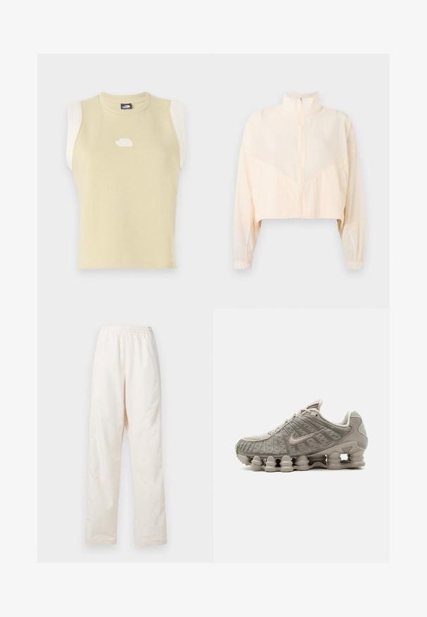 Chaqueta beige claro con cremallera, cuello alto, mangas largas y puños elásticos, mostrada sobre un fondo claro y liso.; Top sin mangas de algodón en amarillo pastel con un escote redondeado. Presenta paneles en crema en los hombros que contrastan y un logo texturizado en el pecho.; Pantalones de color crema con cintura elástica y corte de pierna recta, de ajuste suelto, exhibidos sobre un fondo blanco liso.; Zapatilla Nike Shox beige clara con suela acolchada visible en forma de columna y detalles en malla en la parte superior.