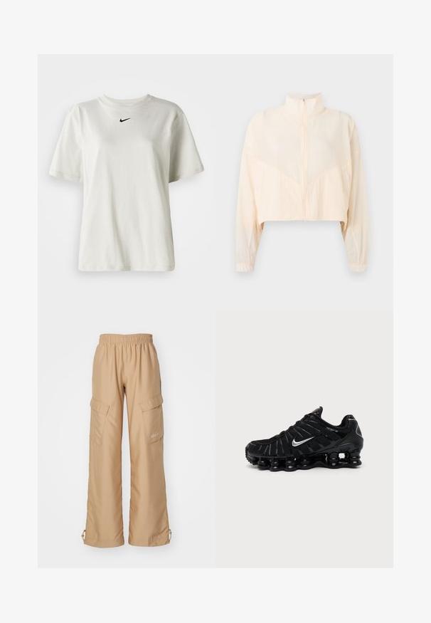 Hellbeige Reißverschlussjacke mit hohem Kragen, langen Ärmeln und elastischen Bündchen, präsentiert vor einem schlichten hellen Hintergrund.; Weißes Baumwoll-T-Shirt mit rundem Halsausschnitt und kurzen Ärmeln. Verfügt über ein kleines schwarzes Nike-Logo auf der Brust. Einfaches und ungeschmücktes Design.; Nike Sportswear TREND - Cargohose - hemp; Schwarzer Nike Sportschuh mit silbernem Swoosh-Logo, Mesh- und synthetischem Obermaterial und einer markanten segmentierten gepolsterten Sohle.