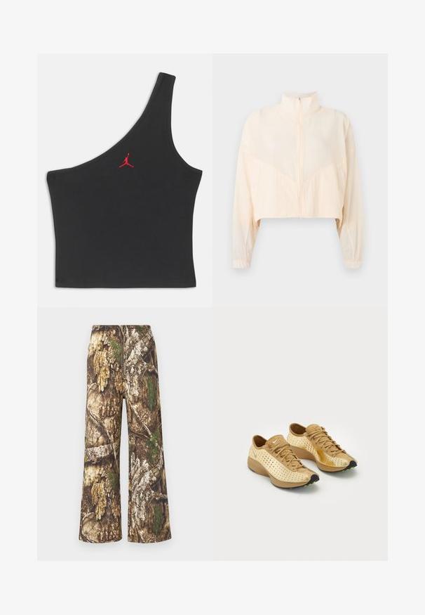 Veste zippée beige clair avec col montant, manches longues et poignets élastiques, présentée sur un fond clair uni.; Haut court noir à une épaule avec logo Jumpman rouge brodé au centre de la poitrine sur un fond uni.; Pantalon camouflage à jambes larges. Présente un mélange de bruns terreux, de verts et de motifs texturés rappelant l'écorce d'arbre et le feuillage.; Une paire de sneakers Nike Air beige et tan avec des détails perforés, des lacets et des semelles noires accentuées de petites taches vertes.
