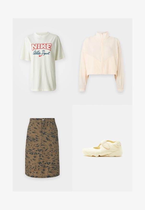 Lysebeige jakke med lynlås, høj krave, lange ærmer og elastiske manchetter, vist på en ensartet lys baggrund.; Hvid bomulds t-shirt med rød og blå "NIKE" logo med teksten "Just Do It" ovenover og "Athletic Depart." nedenfor, korte ærmer, rund hals.; Brun knælængde nederdel med mørkt abstrakt dyreprint, forsideknapper og elastisk taljebånd, lagt fladt på hvid baggrund.; Beige sportssko med tyk sål, udskæringsdesign og to justerbare velcroremme på hvid baggrund.