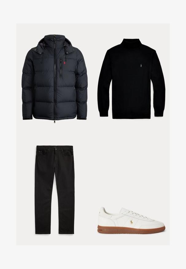 Veste matelassée noire avec col haut, capuche amovible, fermeture éclair frontale, fermeture éclair de la poche poitrine et petit logo rouge brodé sur la poitrine.; Pull noir à col roulé manches longues avec un petit logo blanc brodé sur la poitrine gauche, présenté sur un fond clair uni.; Jean noir droit avec poches avant et arrière, passants de ceinture, fermeture par bouton et étiquette de marque discrète sur la ceinture et la poche.; Baskets basses blanches avec semelle marron, lacets à l'avant, et petit logo doré Polo Ralph Lauren sur le côté.