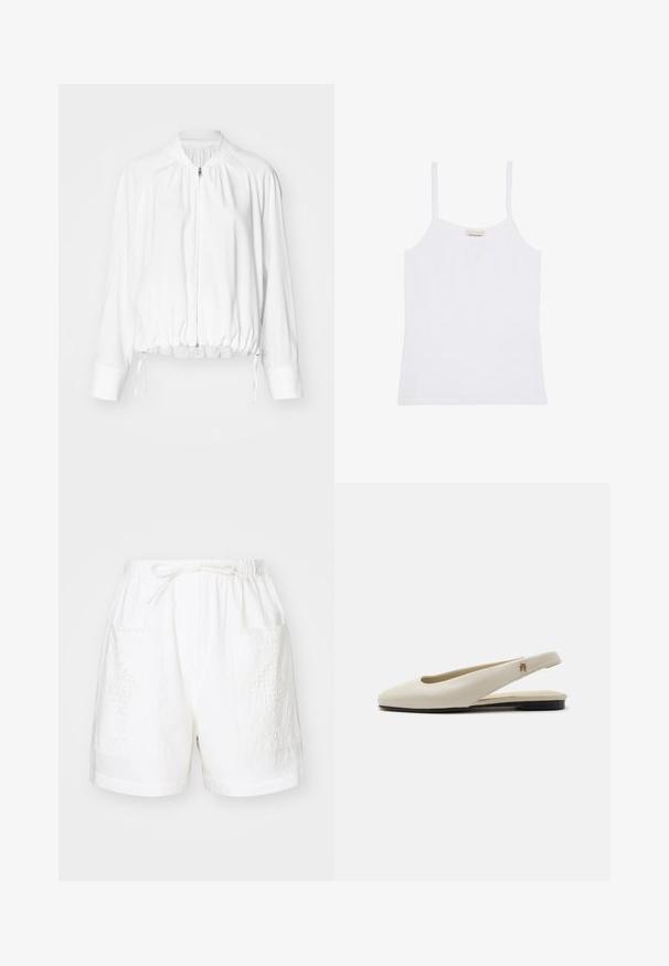 Chaqueta bomber blanca y ligera con cierre de cremallera en la parte delantera, dobladillo elástico y puños. Presenta un diseño gathered en los hombros y cordones ajustables.; Camiseta de tirantes blanca para mujer de Calvin Klein con tirantes finos y diseño sencillo y ajustado.; Pantalones cortos de algodón blancos con una cintura elástica, cordón de ajuste y dos bolsillos delanteros que presentan intrincados diseños bordados.; Zapato plano slingback de cuero color crema con puntera redondeada y pequeño emblema dorado en la correa.