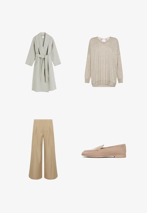 Lys grå, lang uldfrakke med sjalskrave, brede ærmer og et matchende bælte i samme stof. Har et minimalistisk design uden synlige mønstre.; Lysebeige langærmet striktrøje med V-udskæring og ribkanter ved ærmer og bund, med en let løs pasform og faldende skuldersømme.; Beige vidde-ben cropped bukser med forreste plisser og høj talje, designet til en løs, flydende pasform.; Beige ruskind loafers med flad sål, en diskret spids tå og minimal syning langs kanterne. Glat tekstur hele vejen rundt.