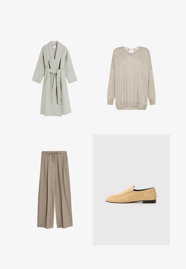 Lys grå, lang uldfrakke med sjalskrave, brede ærmer og et matchende bælte i samme stof. Har et minimalistisk design uden synlige mønstre.; Lysebeige langærmet striktrøje med V-udskæring og ribkanter ved ærmer og bund, med en let løs pasform og faldende skuldersømme.; Beige højtaljede bukser med en afslappet pasform, der har pletter og en snøre i taljen. Materialet ser ud til at være tekstureret og let.; NEOUS POLARIS - Loafers - sand