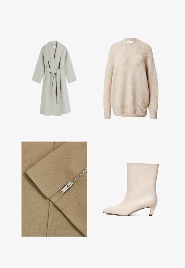 Manteau long en laine gris clair avec un col châle, des manches larges et une ceinture en tissu assorti. Il présente un design minimaliste et sans motifs visibles.; Pull en tricot beige avec un col rond, des épaules tombantes et des poignets et un ourlet côtelés. Il offre une coupe légèrement ample et texturée.; Tissu beige avec une surface texturée et une couture diagonale, présentant une fermeture éclair en argent avec un tirette rectangulaire.; Bottine en cuir beige avec un bout pointu et un talon conique. Texture lisse avec un minimum de coutures et une silhouette épurée.