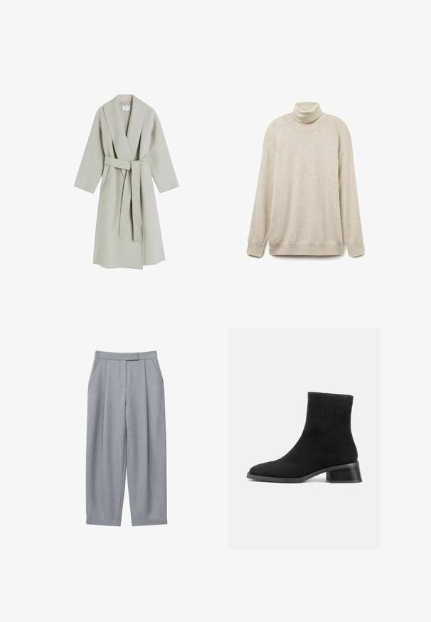 Lys grå, lang uldfrakke med sjalskrave, brede ærmer og et matchende bælte i samme stof. Har et minimalistisk design uden synlige mønstre.; Beige turtleneck sweater lavet af blødt stof, med en afslappet pasform, ribbet hals, manchetter og kant. Enkel, struktureret overflade uden mønstre.; Grå bukser med skræddersyet design, der har plisseringer, sidelommer og med lige ben. Glat tekstur og midtalje med normal højde.; Sort ruskind ankelstøvle med rund tå, kort skaft og lav stablet hæl. Glat tekstur uden synlige mønstre eller pynt.
