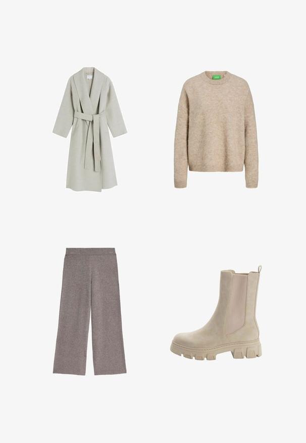 Manteau long en laine gris clair avec un col châle, des manches larges et une ceinture en tissu assorti. Il présente un design minimaliste et sans motifs visibles.; Pull en maille beige avec un col rond, des poignets et un ourlet côtelés. Texture douce avec une coupe ample. Étiquette verte visible au niveau du cou.; Pantalons en tricot larges gris avec une taille élastique, un devant plat et une coupe décontractée, présentés sur un fond blanc.; Bottines Chelsea beiges avec un cuir lisse et des panneaux latéraux élastiques. Semelle en caoutchouc épaisse et robuste avec un motif de traction distinctif et une languette.