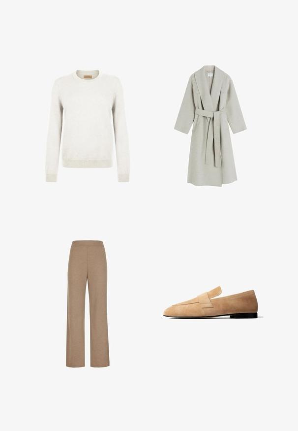 Lys grå, lang uldfrakke med sjalskrave, brede ærmer og et matchende bælte i samme stof. Har et minimalistisk design uden synlige mønstre.; Lys grå sweater lavet af blødt strikstof, med rund hals og lange ærmer, samt ribbede manchetter og kant for ekstra tekstur.; Beige strikkede bukser med brede ben og elastisk talje, med en glat tekstur uden synlige lommer eller pynt.; Lysebrun ruskindsløs loafer med en lav sort hæl og en bred remdetalje tværs over toppen, vist i sideprofil på hvid baggrund.