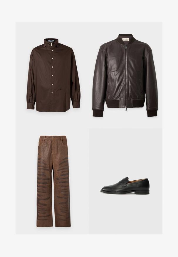 Chaqueta bomber de cuero marrón oscuro con cremallera frontal, cuello, puños y dobladillo acanalados, y dos bolsillos verticales delanteros.; Camisa de manga larga marrón en una tela suave con un cuello clásico, cierre frontal de botones y puños elastizados; presenta un detalle de logo sutil.; Pantalones de cuero sintético marrón con un acabado texturizado, que presentan cortes horizontales alargados a lo largo de los costados y un diseño de pierna recta.; Mocasín de cuero negro con punta redonda, detalles de costura sutil y un tacón bajo, que presenta una textura suave y un diseño minimalista.