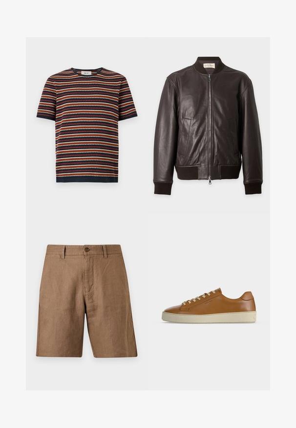 Veste bomber en cuir marron foncé avec fermeture éclair frontale, col, poignets et ourlet côtelés, et deux poches avant verticales.; Haut en maille à manches courtes avec des rayures horizontales bleu marine, rouge, beige et blanc, doté d'un col rond et d'un ourlet ajusté.; Short marron décontracté longueur genou avec passants de ceinture, fermeture par bouton et poches avant, en tissu texturé.; Baskets basses en cuir marron avec lacets crème et semelle épaisse en caoutchouc crème, vues de profil sur fond blanc.