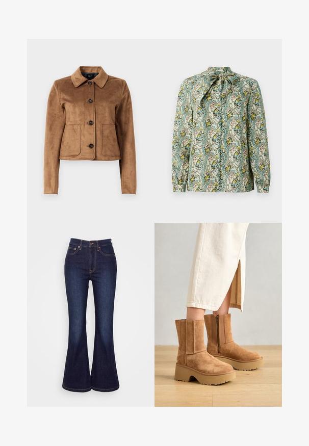 Brun faux suede jakke med krave, der har fire knapper, to frontlommer og et cropped design. Glat tekstur og klassisk stil.; Langærmet bluse med knytning i halsen, lavet af letvægtsstof med et flerfarvet blomstret og abstrakt mønster på en lys baggrund.; Mørkeblå flagrende jeans lavet af denim; har høj talje, frontlukning med knap og diskret syning langs lommer og sømme.; Brune suede ankelstøvler med en kraftig platformsål, lynlås på siden og lodrette syninger, parret med en beige nederdel.