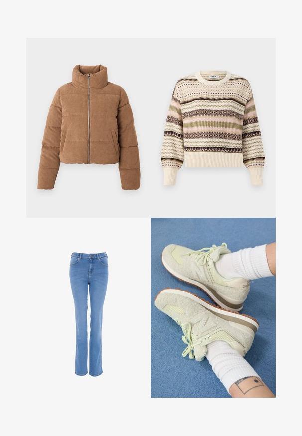 Brun fløjl pufferjakke med høj krave, lynlås foran og sidelommer. Har quiltet tekstur og cropped design.; Creme pullover sweater med rund hals, prydet med multikolore geometriske mønstre i pink, grøn og brun. Ribkantede manchetter og nederste kant.; Lyseblå denim jeans med lige ben, højt liv og fem-lomme design. Har en lynlås foran og diskrete stikninger.; Lysegrønne New Balance-sneakers med struktureret nubuck og mesh, med snørebåndsdesign og gummisål i brun, placeret på et blåt tæppe.