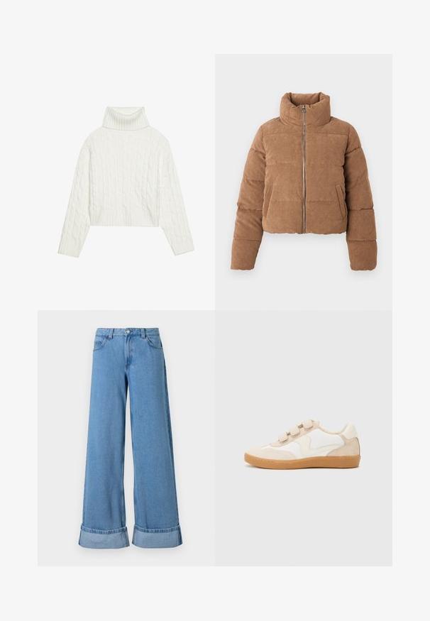 Brun fløjl pufferjakke med høj krave, lynlås foran og sidelommer. Har quiltet tekstur og cropped design.; Hvid kabel-strikket turtleneck sweater med en cropped silhuet, der har ribbede manchetter og kant. Blød tekstur med et hyggeligt, chunky design.; Lyseblå denim bukser med vide ben har høj talje, optrillede nederkanter, fem lommer og en knaplukning med lynlås.; Sneakers i hvid og beige læder med nubuck-detaljer, der har en rund tå, tre velcrobånd og en gummisål.