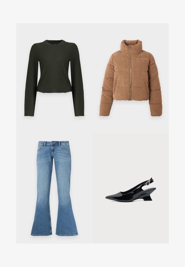 Brun fløjl pufferjakke med høj krave, lynlås foran og sidelommer. Har quiltet tekstur og cropped design.; Olivengrøn cropped langærmet top lavet af ribbet stof. Har en rund halsudskæring og en tæt pasform.; Blå denim flared jeans med høj talje, der har fem lommer, kontrastsyninger og en let farvegradient mod kanten.; Sort laklæder slingback sko med spids tå og lav vinklet blokhæl på ensartet lys baggrund.
