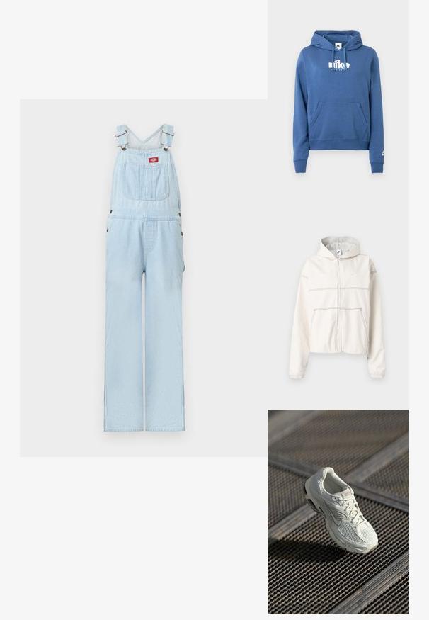 Sweat à capuche blanc à fermeture éclair en tissu doux avec une capuche doublée de gris. Caractérisé par des coutures noires, des poignets élastiques et un petit logo sur la poitrine.; Salopette en denim bleu clair avec bretelles réglables, poche avant avec écusson logo rouge et jambes larges et droites.; Sweat à capuche bleu avec une poche kangourou à l'avant, une capuche à cordon de serrage et un logo Nike blanc sur la poitrine et la manche. Fabriqué en tissu doux et texturé.; Baskets de course Nike blanches avec une tige en maille et synthétique reposant sur un revêtement de sol en grille métallique, sous une lumière naturelle douce.