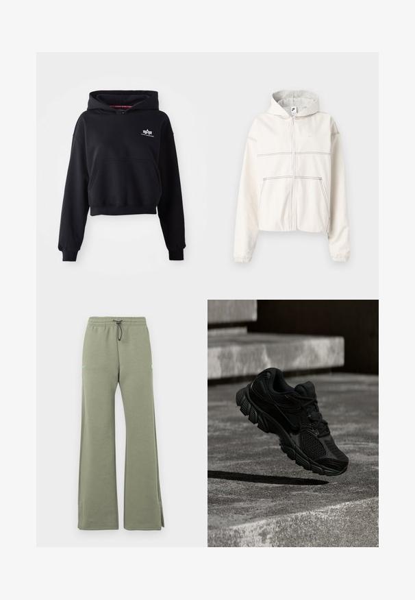 Hvid hættetrøje med lynlås lavet af blødt stof med hætte foret med gråt. Har sorte syninger, elastiske manchetter og et lille logo på brystet.; Sort cropped hoodie lavet af blødt stof, med en forlommer, snoretræk i hætten og et lille hvidt logo på brystet.; Olivengrønne vidde sweatpants med elastisk talje og sort snor, med lille neongrønt logo på venstre lår.; Sort atletiksko med mesh og syntetisk overdel, struktureret sål og rundet tå, svævende over en struktureret betonoverflade.