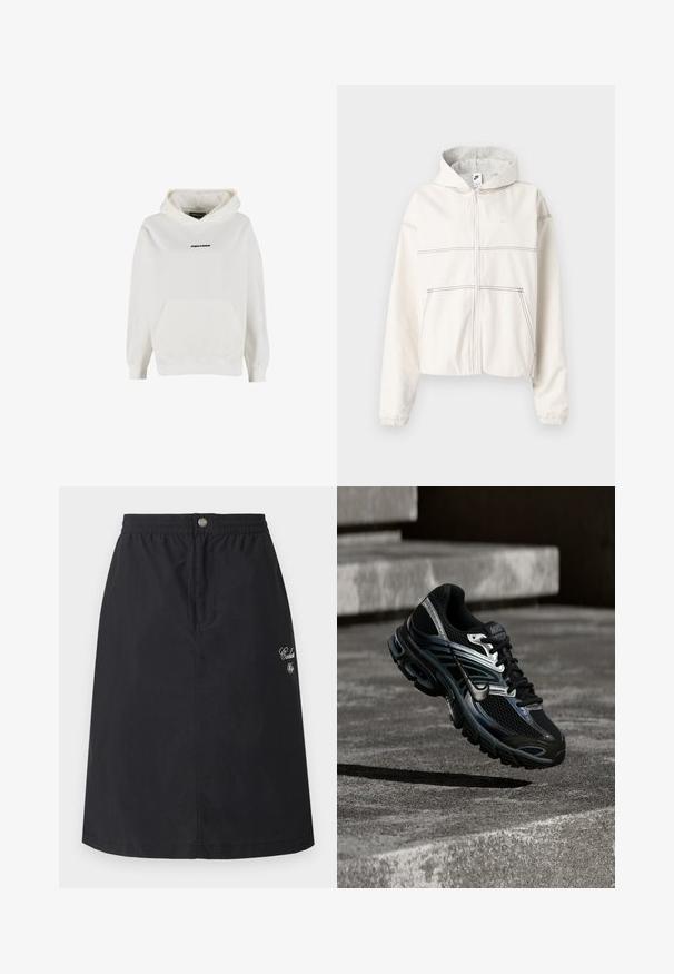 Sudadera blanca con cremallera hecha de tela suave con capucha forrada en gris. Presenta costuras negras, puños elásticos y un pequeño logo en el pecho.; Sudadera blanca con capucha, bolsillo frontal tipo canguro y pequeño logo negro "PEGADOR" centrado en el pecho.; Falda negra hecha de tela ligera, con cintura elástica y cierre de botones en la parte delantera, con detalles bordados en el lateral.; Zapatilla de running Nike negra y plateada flotando sobre escalones de hormigón, mostrando diseño detallado y suela texturizada en un entorno exterior.