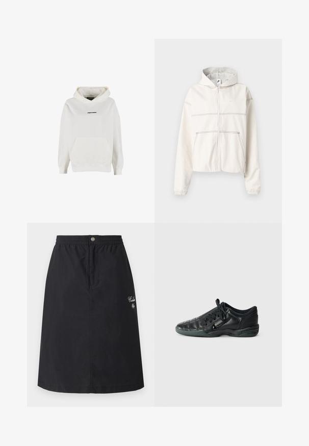 Sudadera blanca con cremallera hecha de tela suave con capucha forrada en gris. Presenta costuras negras, puños elásticos y un pequeño logo en el pecho.; Sudadera blanca con capucha, bolsillo frontal tipo canguro y pequeño logo negro "PEGADOR" centrado en el pecho.; Falda negra hecha de tela ligera, con cintura elástica y cierre de botones en la parte delantera, con detalles bordados en el lateral.; Zapatilla deportiva de cuero negro con un diseño acolchado, punta redondeada, cordones en la parte delantera y suela de goma. Presenta un sutil logotipo en el lateral.