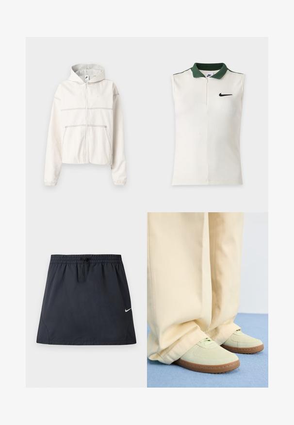 Biela mikina na zips vyrobená z mäkkej látky s kapucňou lemovanou šedou farbou. Má čierne prešitie, elastické manžety a malé logo na hrudi.; Biely bezrukávnik Nike s rebrovanou textúrou, tmavozeleným golierom, polovičným zipsom a čiernym logom Nike na hrudi.; Čierna športová sukňa s elastickým pásom a nastaviteľným sťahovacím šnúrkou, s malým bielym logom Nike Swoosh na pravej strane.; Zelené semišové tenisky s okrúlymi špičkami a textúrovanými podrážkami, v kombinácii so širokými béžovými nohavicami, na modrom povrchu.