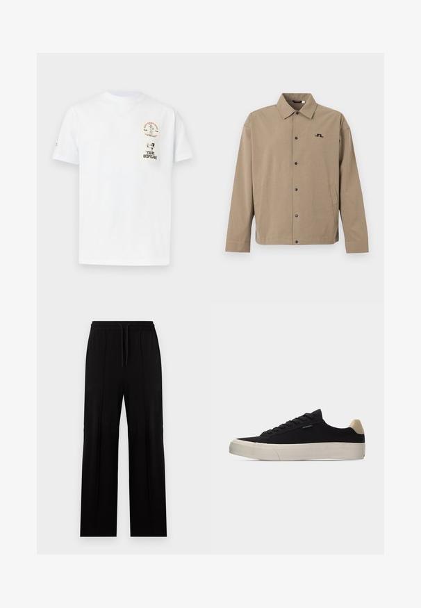 Beige jakke med knapper, lange ærmer, krave, sidelommer og lille sort geometrisk logo på venstre bryst.; Hvid kortærmet T-shirt med rund hals og to små grafiktryk foran: Wile E. Coyote Coffee-logo og silhuet med teksten "You're despicable".; Sorte bukser med lige ben, elastisk talje og snøre, med lodrette sømdetaljer på forsiden.; Sort lavsko med beige hælkappe, tyk hvid gummisål, sorte snørebånd og lille "PS Paul Smith" mærke på siden.