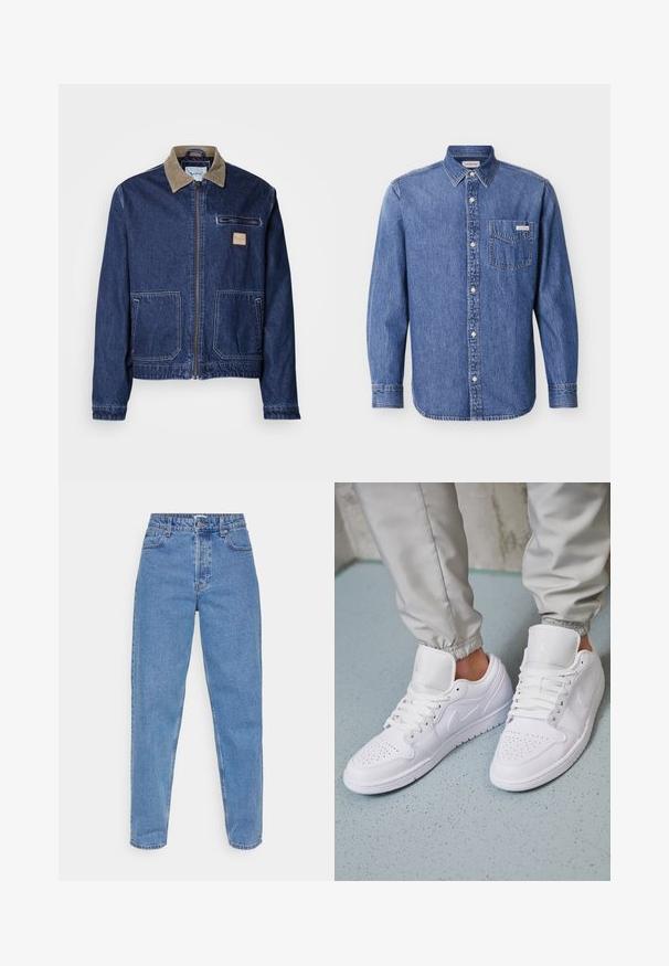 Denimjakke i mørkeblå med en kordfløjlskrave, frontlynlås, to store lommer og en brystlomme. Har et logo-patch på brystet.; Denimskjorte i mellemblå med lange ærmer, knaplukning foran og en enkelt brystlomme med en logo-mærkat. Klassisk krave design.; Lysblå denim jeans, højtaljede med lige ben, featuring fem lommer og en klassisk knap- og lynlås lukning.; Hvide lædersneakers har en perforeret tåboks, flade snørebånd, polstret krave og Jordan-logoet på tungen. Båret med grå joggers.