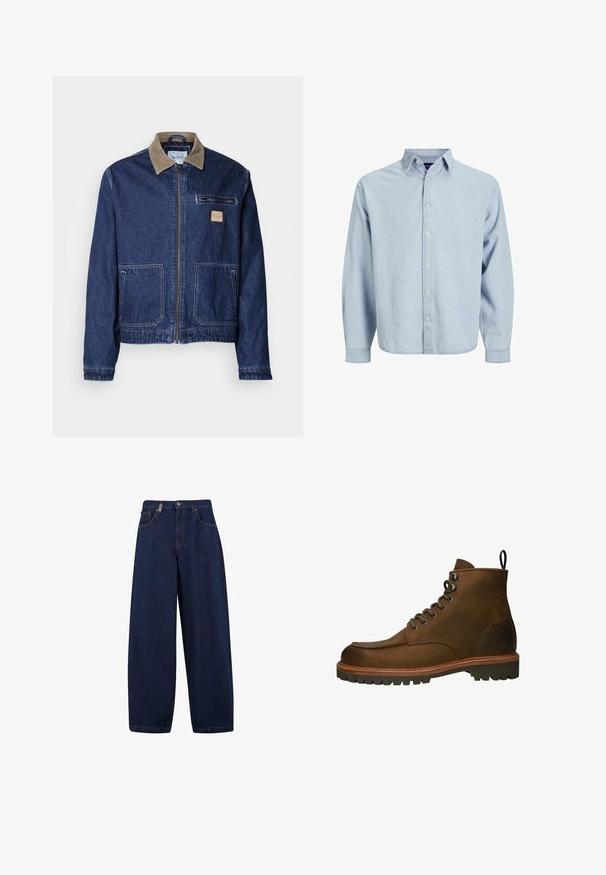 Dunkelblaue Jeansjacke mit einem Cordkragen, vorderem Reißverschluss, zwei großen Taschen und einer Brusttasche. Mit einem Logo-Patch auf der Brust.; Hellblaues Hemd mit Knöpfen aus weichem Denimstoff. Verfügt über einen Kragen, lange Ärmel und einen geraden Saum. Fünf Knöpfe vorne.; Lässige, dunkelblaue Denim-Jeans mit hoher Taille, Fronttaschen und geradem Bein. Enthält silberfarbene Hardware und minimalistische Nähte.; Braune Leder-Stiefeletten mit runder Zehenform, metallenen Ösen und einer robusten Gummisohle. Enthält eine Zuglasche für ein einfaches An- und Ausziehen.