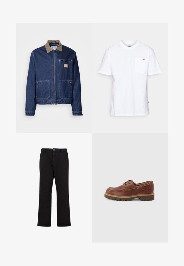 Donkerblauwe spijkerjack met een corduroy kraag, rits aan de voorkant, twee grote zakken en een borstzak. Bevat een logo patch op de borst.; Witte katoenen t-shirt met een ronde hals, korte mouwen en een borstzak met een klein merklogo aan de linkerkant.; Zwarte rechte broek met knoopsluiting aan de voorkant, riemlussen en zijzakken, getoond op een witte achtergrond.; Bruine leren veterschoen voor op een boot met een tankleurige zool, ronde neus en gestikte moc-toe-ontwerp op een witte achtergrond.