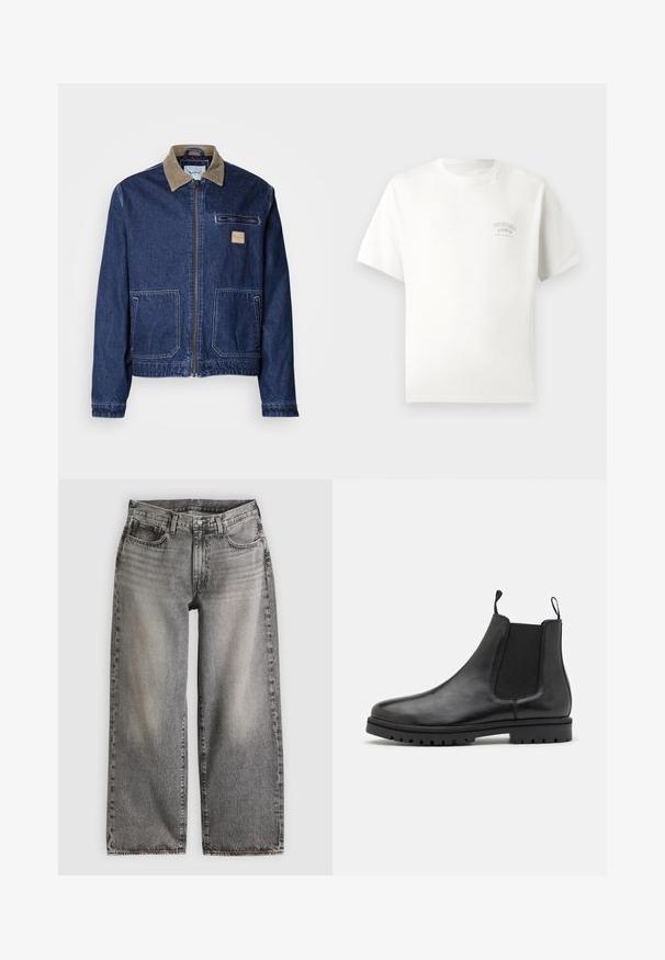 Denimjakke i mørkeblå med en kordfløjlskrave, frontlynlås, to store lommer og en brystlomme. Har et logo-patch på brystet.; Hvid T-shirt med kort ærme og lille tekst "Originals Studio Urban Aesthetic" trykt på venstre bryst.; Vidbenede jeans i falmet sort denim, med høj talje, fem lommer og diskrete syningsdetaljer langs sømmene.; Sorte læder Chelsea støvler med elastiske sidepaneler, trækkemærker og en struktureret gummisål med et slidbane mønster.