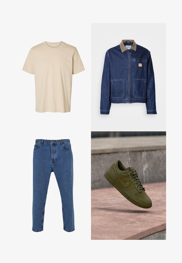 Denimjakke i mørkeblå med en kordfløjlskrave, frontlynlås, to store lommer og en brystlomme. Har et logo-patch på brystet.; Beige T-shirt med korte ærmer og rund hals med ensfarvet design, lavet af blødt stof.; Blå denim jeans med lige ben, høj talje, fem-lomme design og kontraststikninger.; Olivengrøn Nike-sneaker med ruskind og læderpaneler, der svæver over en steny surface mod en grå stenvæg.