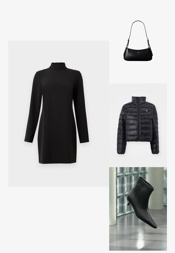 Chaqueta puffer negra hecha de un material brillante y ligero, con un diseño recortado, cuello alto y cierre de cremallera. Presenta un patrón acolchado y un logo.; Vestido negro de manga larga con cuello alto, hecho de una tela suave. Presenta un corte recto y una cremallera en la parte posterior. Diseño minimalista, sin patrones.; Botín negro de cuero con punta puntiaguda y tacón bajo estilo kitten, mostrado en ángulo sobre un suelo pulido y con una pared de bloques de vidrio de fondo.; Mini bolso negro de cuero para hombro con correa delgada y pequeño logo dorado CK en el centro frontal.