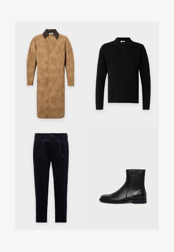 Tan ruskindsfrakke med krave i brunt læder, lange ærmer, sidelommer og en lige skæredesign. Glat tekstur med minimal detaljer.; Sort langærmet poloshirt lavet af blødt materiale, med krave, tre-knaps lukning og en lille brystlomme.; Mørkeblå bukser lavet af tekstureret stof, med knaplukning, folder og elastisk talje for komfort. Lige ben design.; Sort læderankelstøvle med lav hæl, sidesyning og lille "HUGO" logo på den øverste manchet mod en ensfarvet baggrund.