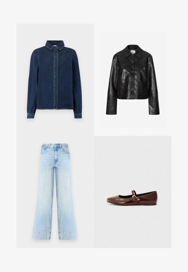 Sort jakke i imiteret læder med spids krave, knapper foran, lange ærmer og to store forlommer, vist på hvid baggrund.; Mørkeblå denimskjorte med klassisk krave, frontknapper og lange ærmer med samlede manchetter. Har kontraststing overalt.; Lyseblå jeans med vid benbredde og høj talje, fletbælteøjer, frontknap, lynlås og to lommer på hvid baggrund.; Brun patentlæder balletflade med firkantet tå og strop med en lille guldbuckle. Glat tekstur, lav hæl og minimalistisk design.