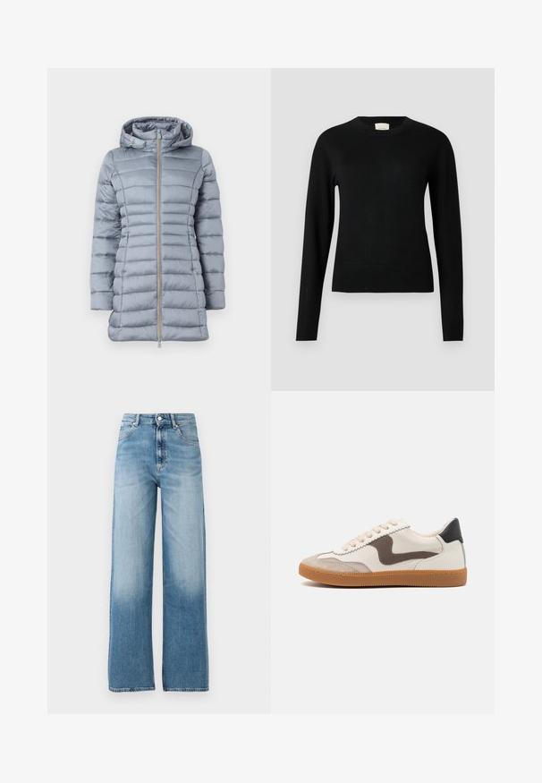 Lys grå, lang quiltet vinterfrakke med hætte, fuld front lynlås og sidelommer, vist mod en enkel hvid baggrund.; Sort strikket sweater med rund halsudskæring, lange ærmer og en slank pasform, der har en glat struktur og minimal detaljer.; Lysblå, vide jeans med høj talje. Lavet af denim, med knaplukning og fem lommer. Fades mod bunden.; Sneakers med en cremefarvet læderoverdel, en mørkebrun svine læder detalje, beige snørebånd og en gummigummisål; klassisk lavprofil design.